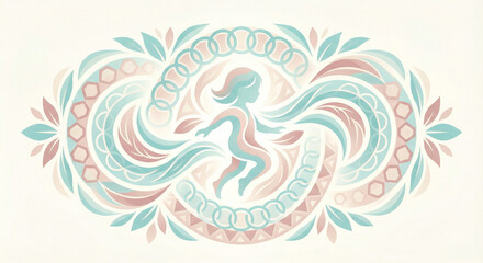 A stylized illustration of a woman within an ornate floral and wave design