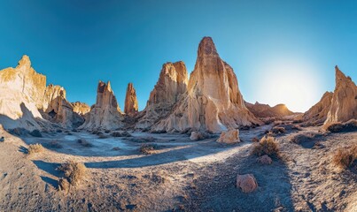 Picturesque desert landscape with towering sandstone formations under a bright clear sky, soft golden light creating shadows, peaceful and remote wilderness vibe, wide panoramic shot,