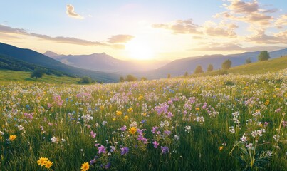 Fototapeta premium Picturesque mountain meadow filled with wildflowers under a clear summer sky, soft golden sunlight creating a warm glow, peaceful rural scene, wide panoramic perspective,