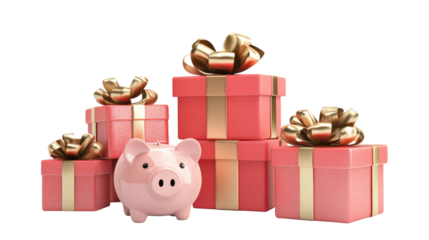 A pink piggy bank is sitting on top of a stack of red boxes