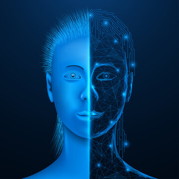 The fusion of biological and digital intelligence. Dividing a person's face into two parts, the left is an organic shape with natural features and the right is a digital structure.