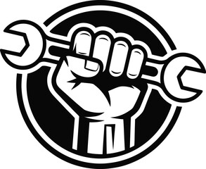 Black fist holding wrench inside circle hand tool