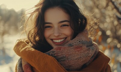 Portrait of a cheerful woman wrapped in a warm scarf outdoors, soft natural light and vibrant tones creating a cozy winter vibe