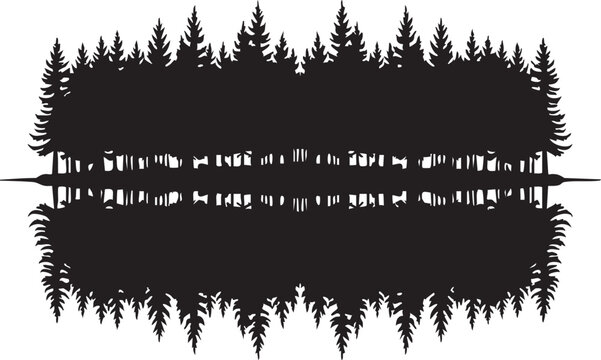 Lakeside Pine Tree Reflection Symmetrical Rorschach Silhouettes isolated on white background