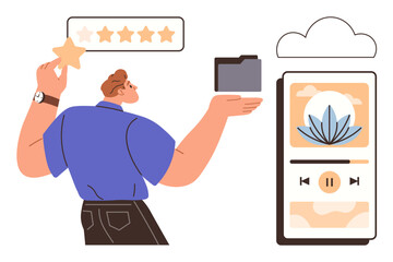 Male figure holding a star and folder, interacting with cloud sync, rating, and media player. Ideal for feedback, online storage, productivity, user experience, app design audio streaming simple