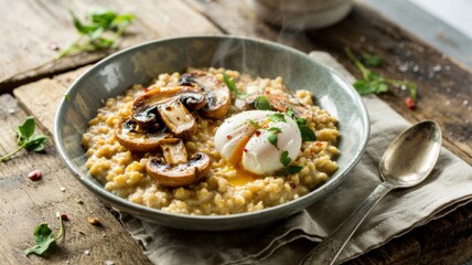 Oatmeal with caramelized garlic mushrooms fried in butter, poached egg, sprinkled with chili flakes and chopped parsley, and grated parmesan cheese are served in a ceramic bowl.