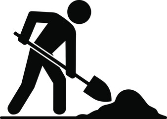 Black silhouette of person digging dirt with shovel