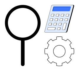 Business processes, technology tools, productivity, analysis, system optimization, and decision-making. Magnifying glass, calculator and gear icons on a white background. Analysis and productivity