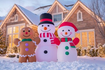 Modern American home decorated for winter holidays with large inflatable snowmen and gingerbread man in a snowy landscape, creating a festive and cheerful atmosphere