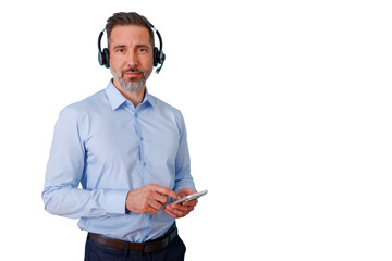 Male agent in a headset is supporting clients, communicating with customers, or working as an it helper, ready to assist