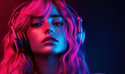 Fototapeta premium Portrait of a stylish woman with pink hair wearing futuristic headphones, soft glowing neon lights and vibrant tones enhancing the cyberpunk aesthetic