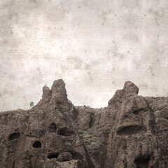 textured stylish old paper background, square, with landscape of central Gran Canaria, route to Ventana de Bentayga