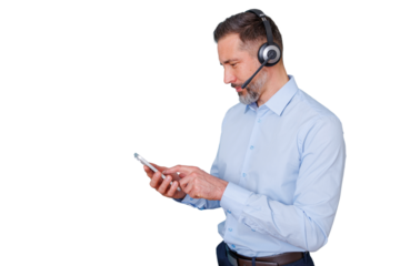 Male customer service agent wearing headset using smartphone, providing remote technical support on transparent background