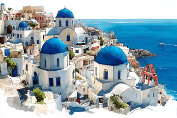 Watercolor santorini seaside village illustration with blue domed churches overlooking aegean sea showcasing mediterranean architecture travel art