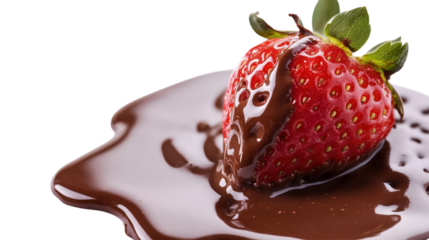 A strawberry is sitting on top of a chocolate sauce