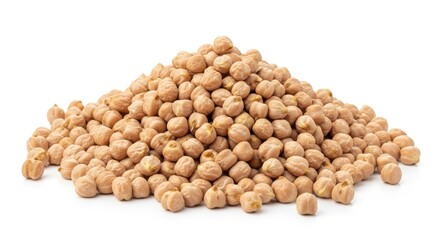 A heap of raw chickpeas on a white background.