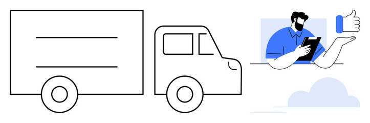 Logistics, delivery services, online marketplace, supply chain, customer satisfaction, transportation. Graphic of a truck and a courier with a tablet and thumbs-up sign. Logistics and delivery
