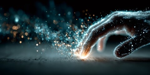 Digital hand touching surface creating light particles
