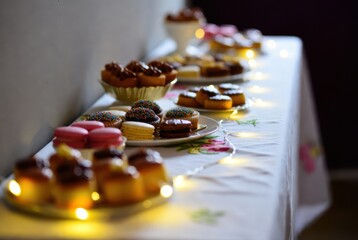 Assorted desserts on decorated table with string lights