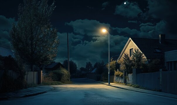 Quiet suburban street illuminated by a single glowing streetlamp at night, soft shadows and cool blue tones creating a peaceful nighttime scene