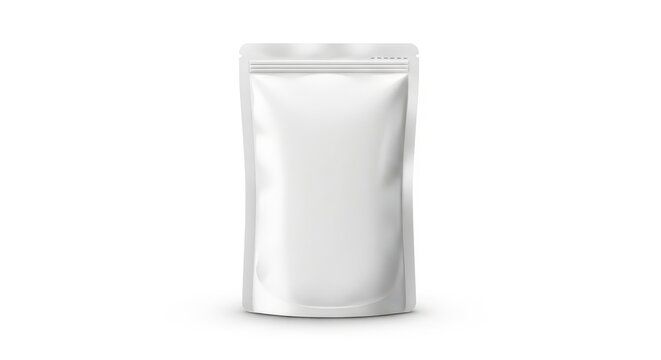 Minimalist white stand-up pouch against a white background