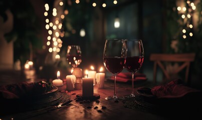 Romantic dinner setup with red wine glasses, lit candles, and rustic tableware, soft ambient lighting creating an intimate atmosphere,
