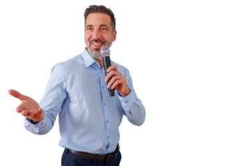 Mature man speaking, holding microphone, gesturing during business presentation, public conference, transparent background