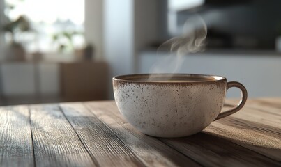 Rustic ceramic cup of steaming coffee placed on a wooden table, soft natural light enhancing the rich tones, creating a cozy morning vibe,
