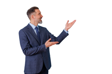 Professional businessman presenting and gesturing, pointing right with open hands on transparent background