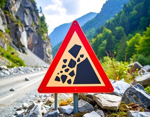 Warning sign of rockfall, mounted on a rocky roadside, in front of mountains