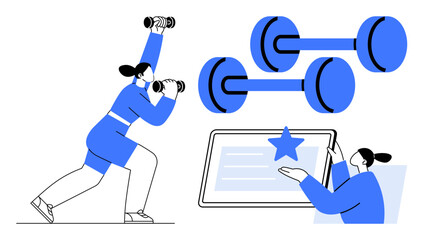 Fitness technology, online training, healthy living, home workouts, exercise tracking, virtual services. Person lifting dumbbells and interface screen. Fitness technology and online training concept