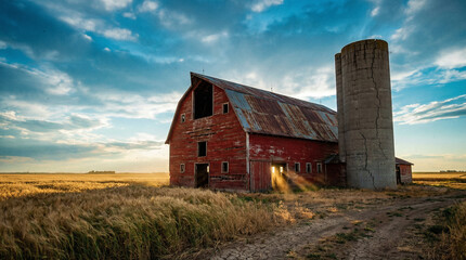 Obraz premium A Red Barn Sits Peacefully in the Rustic Countryside Landscape, Overlooking a Lush Green Field and Endless Sky, Embracing the Tranquil Beauty of the Agricultural Countryside.