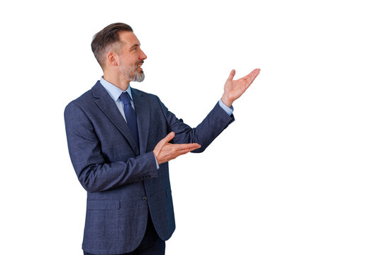Professional businessman presenting and gesturing, pointing right with open hands on transparent background