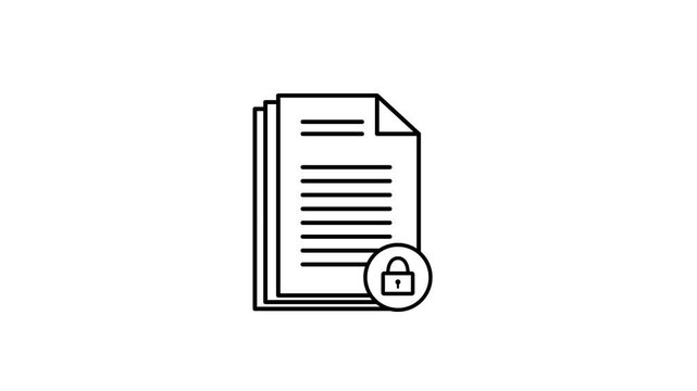 Document security outline icon animation with padlock on white background and green screen. 4K animated outline icon for locked document, data protection, and business motion graphics.