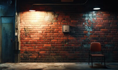 Rustic red brick wall with cracks and weathered texture, illuminated by soft natural light creating a vintage industrial theme,