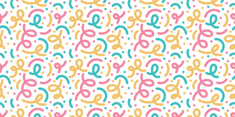 Playful Abstract Seamless Pattern with Colorful Swirls and Dots. Vector illustration 