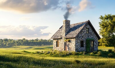 Rustic stone cottage with a chimney, surrounded by green fields under a clear blue sky, warm sunlight creating a cozy countryside vibe,