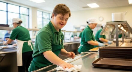 Obraz premium Smiling young man cleaning in a cafeteria setting.