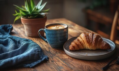 Rustic table setting with freshly brewed coffee in a ceramic mug, a croissant, and a potted plant, soft warm light creating a cozy breakfast scene