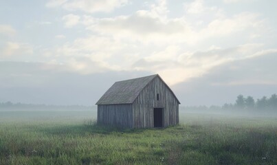Obraz premium Rustic wooden barn standing in a vast open field under a soft cloudy sky, natural light creating a serene rural atmosphere, clean and tranquil countryside concept, sharp detail,