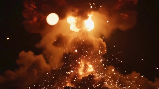 Dynamic explosion sequence with fiery cloud formations and sparks in rapid succession