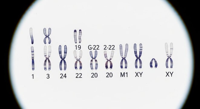 Close-up of human chromosome spread under a microscope.