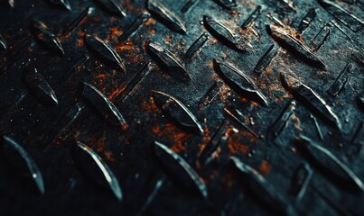 Rusty diamond-plate metal surface with sharp textures and dark tones, soft shadows enhancing the rugged industrial look