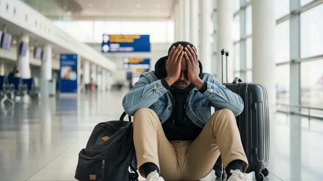 man distressed waiting, person resting on floor with worried expression