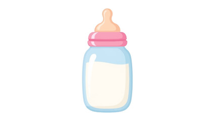 Baby bottle filled with milk and a pink nipple.