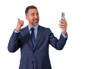 Businessman talking on smartphone during video call, making thumbs up gesture, smiling, success, transparent background