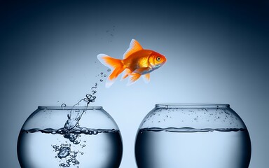 A vibrant orange goldfish leaps from a glass bowl into another
