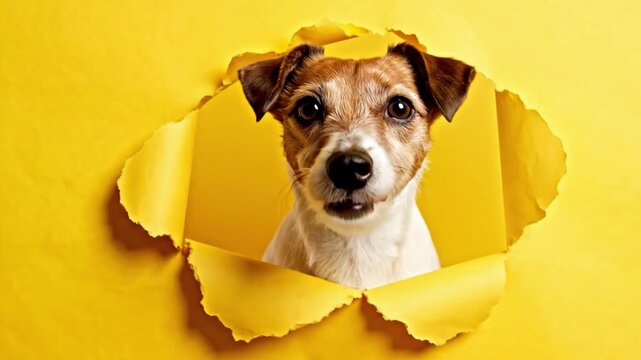 Curious jack russell terrier peeking through torn yellow paper