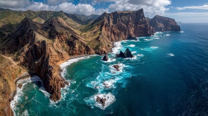 Aerial view showcases a dramatic coastline with rugged cliffs, turquoise waves crashing, and vast, open ocean under a bright, cloud-filled sky