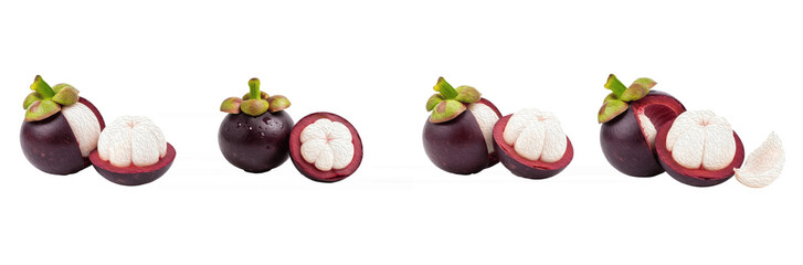 Set of Four Mangosteen (Garcinia mangostana) in Natural Arrangement, Isolated on Transparent...